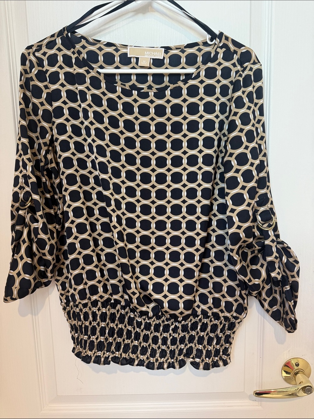 Michael Kors Black & Cream Geometric Smocked-Hem Blouse